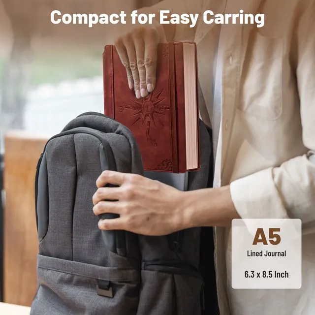 Alt view image 5 of 7 - Compass Leather Journal for Men Women, A5 Lined Notebook Writing Gift 288 Pages 100 GSM Acid-free Paper, Bleed-free, Pen holder, Lay Flat, For Daily Writing, Office, Gifting