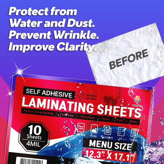 Alt view image 7 of 7 - Self-Adhesive Laminating Sheets, No Heat, 12.3x17.1 in, 4 Mil, 10 Pack Menu size sheets with a clear glossy finish for menus, posters, certificates and ID cards at home, school or work