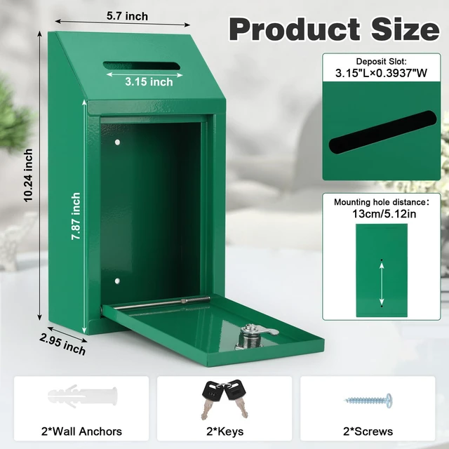 Alt view image 2 of 7 - Cash Box for Farm Stand, Money Drop Box with Lock & Slot, Green Wall mount, self-service payment drop, porch pickup, 2 keys, hardware included, 10.24 x 5.7 x 2.95 in