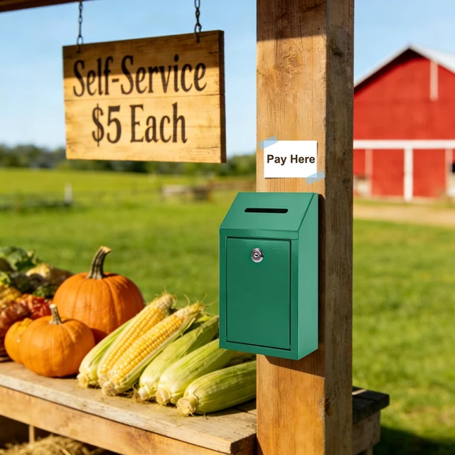 Alt view image 3 of 7 - Cash Box for Farm Stand, Money Drop Box with Lock & Slot, Green Wall mount, self-service payment drop, porch pickup, 2 keys, hardware included, 10.24 x 5.7 x 2.95 in