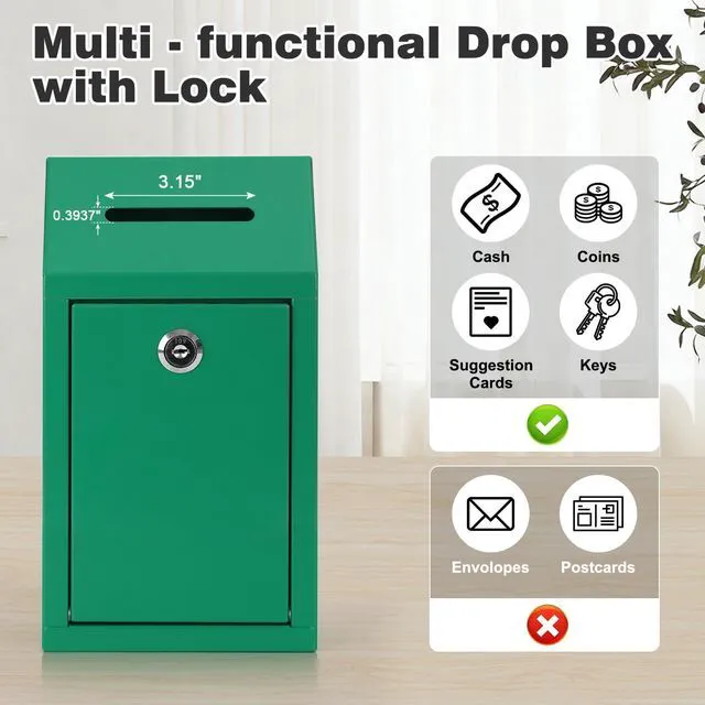 Alt view image 4 of 7 - Cash Box for Farm Stand, Money Drop Box with Lock & Slot, Green Wall mount, self-service payment drop, porch pickup, 2 keys, hardware included, 10.24 x 5.7 x 2.95 in