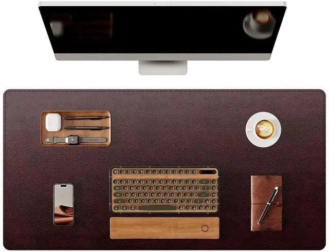 Main image of Genuine Leather Desk Mat, 31.5"x15.8"Office Desk Pad, Thick Desk Pad Mat with Stitched Line, Non-Slip Desk Mat with Rubber Base (Red Brown, 31.5"x15.8")