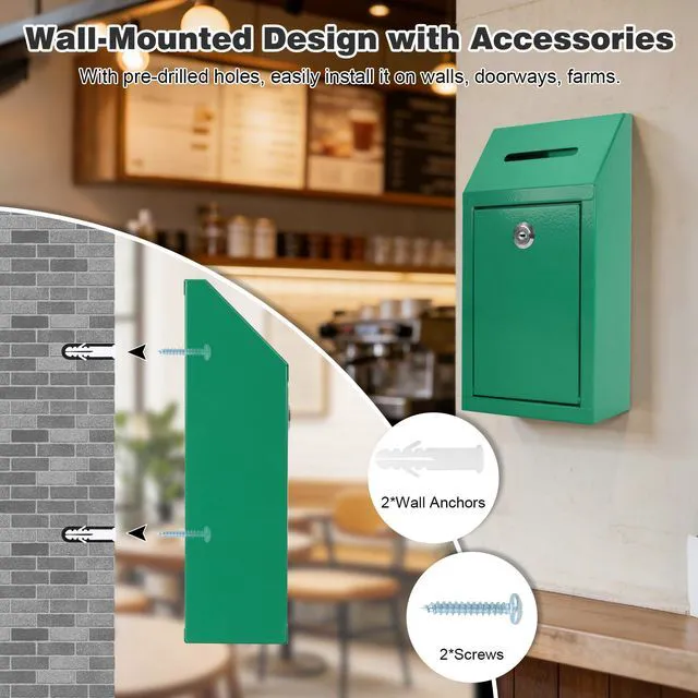 Alt view image 5 of 7 - Cash Box for Farm Stand, Money Drop Box with Lock & Slot, Green Wall mount, self-service payment drop, porch pickup, 2 keys, hardware included, 10.24 x 5.7 x 2.95 in