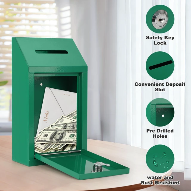 Alt view image 6 of 7 - Cash Box for Farm Stand, Money Drop Box with Lock & Slot, Green Wall mount, self-service payment drop, porch pickup, 2 keys, hardware included, 10.24 x 5.7 x 2.95 in