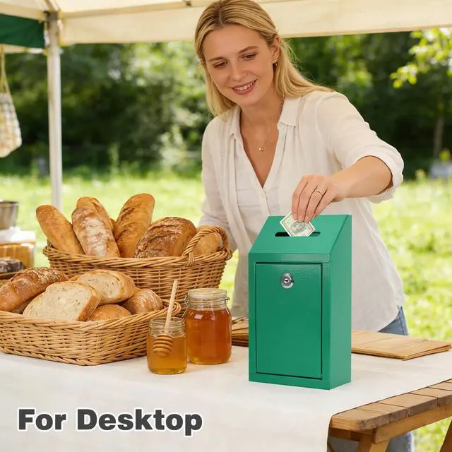 Alt view image 7 of 7 - Cash Box for Farm Stand, Money Drop Box with Lock & Slot, Green Wall mount, self-service payment drop, porch pickup, 2 keys, hardware included, 10.24 x 5.7 x 2.95 in