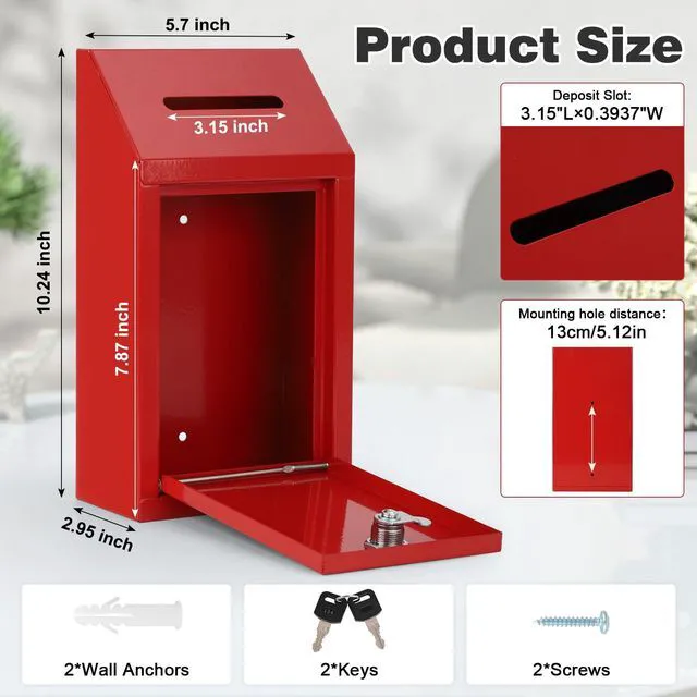 Alt view image 2 of 7 - Cash Box for Farm Stand, Money Drop Box with Lock & Slot, Red Wall mount, self-service payment drop, porch pickup, 2 keys, hardware included, 10.24 x 5.7 x 2.95 in