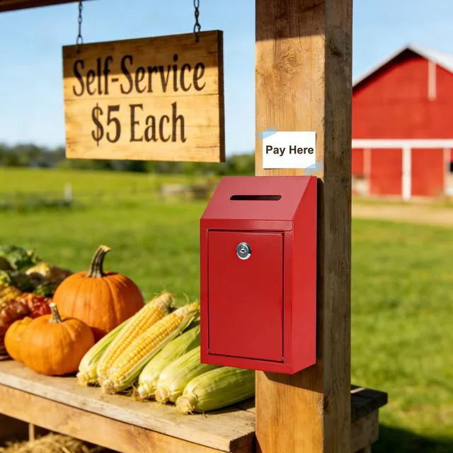 Alt view image 3 of 7 - Cash Box for Farm Stand, Money Drop Box with Lock & Slot, Red Wall mount, self-service payment drop, porch pickup, 2 keys, hardware included, 10.24 x 5.7 x 2.95 in