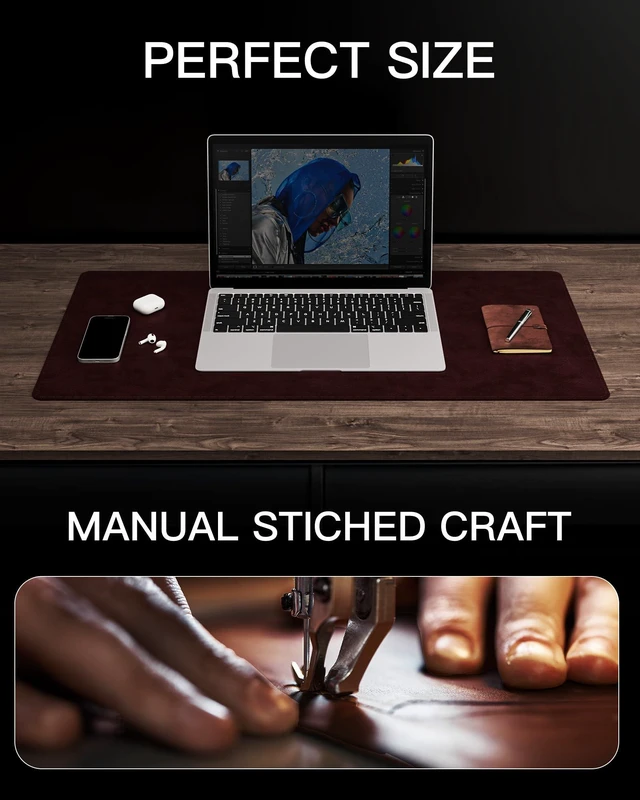 Alt view image 4 of 7 - Genuine Leather Desk Mat, 31.5"x15.8"Office Desk Pad, Thick Desk Pad Mat with Stitched Line, Non-Slip Desk Mat with Rubber Base (Red Brown, 31.5"x15.8")