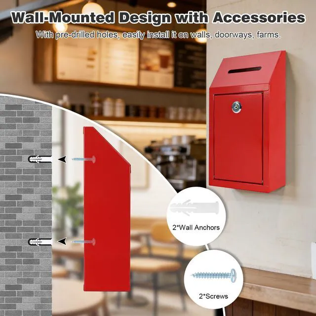 Alt view image 5 of 7 - Cash Box for Farm Stand, Money Drop Box with Lock & Slot, Red Wall mount, self-service payment drop, porch pickup, 2 keys, hardware included, 10.24 x 5.7 x 2.95 in