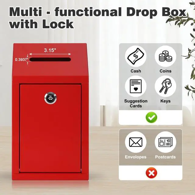 Alt view image 4 of 7 - Cash Box for Farm Stand, Money Drop Box with Lock & Slot, Red Wall mount, self-service payment drop, porch pickup, 2 keys, hardware included, 10.24 x 5.7 x 2.95 in