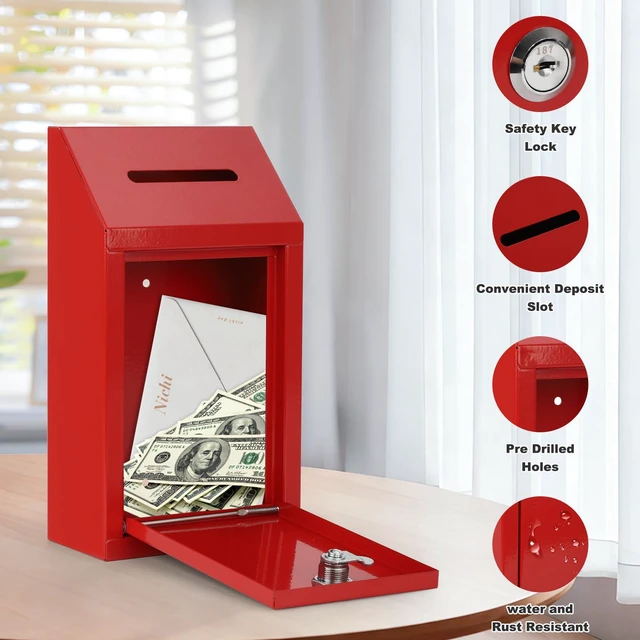 Alt view image 6 of 7 - Cash Box for Farm Stand, Money Drop Box with Lock & Slot, Red Wall mount, self-service payment drop, porch pickup, 2 keys, hardware included, 10.24 x 5.7 x 2.95 in