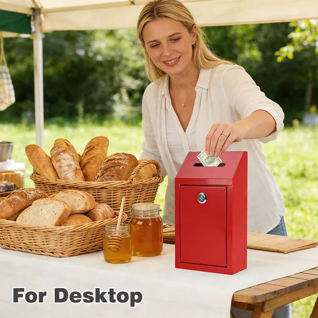 Alt view image 7 of 7 - Cash Box for Farm Stand, Money Drop Box with Lock & Slot, Red Wall mount, self-service payment drop, porch pickup, 2 keys, hardware included, 10.24 x 5.7 x 2.95 in
