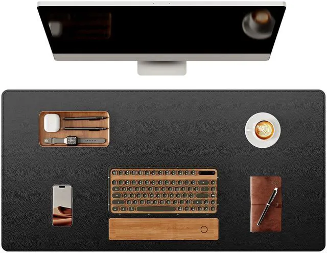 Main image of Genuine Leather Desk Mat, 31.5"x15.8" Leather Desk Mat, Office Desk Pad, Thick Desk Pad with Stitched Line, Non-Slip Laptop Writing Pad with Rubber Base(Black, 31.5"x15.8")
