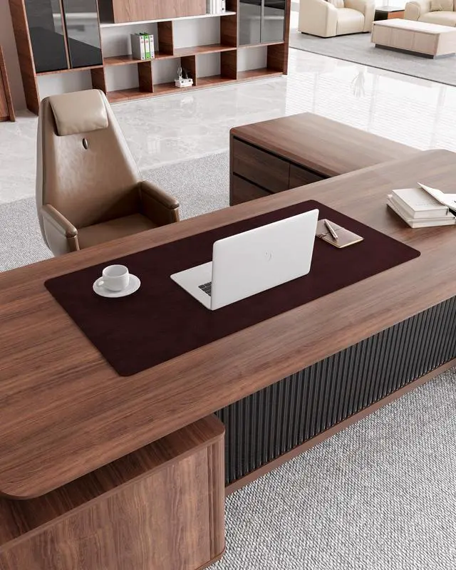 Alt view image 7 of 7 - Genuine Leather Desk Mat, 31.5"x15.8"Office Desk Pad, Thick Desk Pad Mat with Stitched Line, Non-Slip Desk Mat with Rubber Base (Red Brown, 31.5"x15.8")