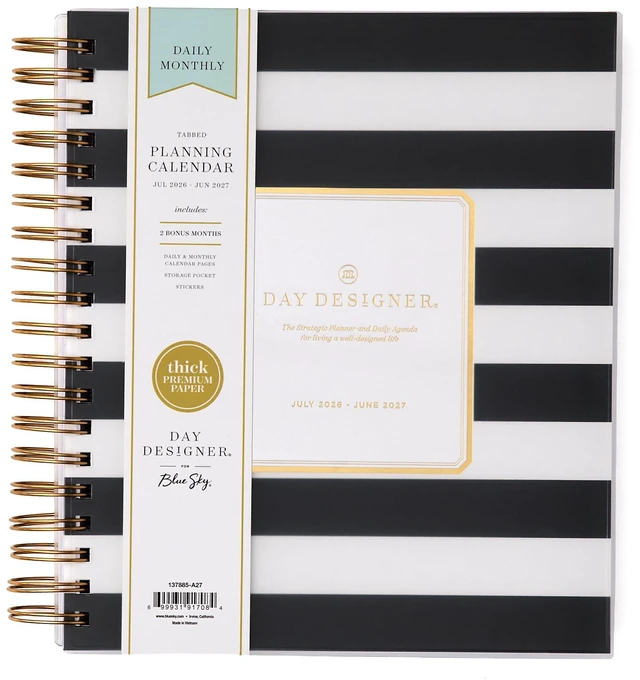 Main image of 2026-2027 Daily & Monthly Academic Planner, 8"x10", Black Stripe July 2026 - June 2027, Flexible Cover, Laminated Tabs, Storage Pocket, Stickers, Academic Year, Day Designer