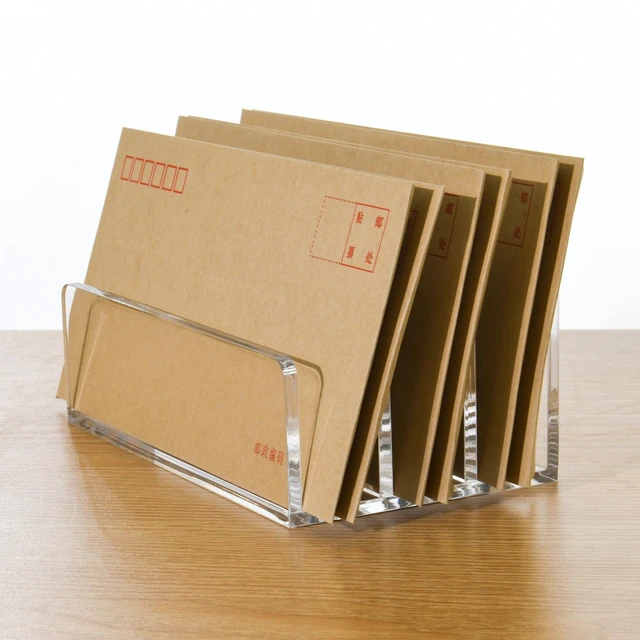 Alt view image 6 of 7 - 3 Compartments Clear Acrylic Mail Holder Vertical Letter Sorter & Multifunction Desk Organizer for Bills, Documents, Notebooks Modern Office/Home Envelope File Rack (Pack of 2)