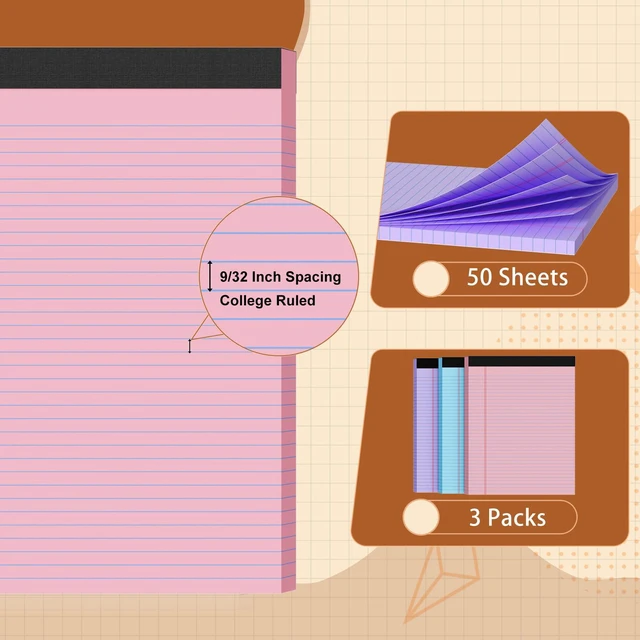 Alt view image 3 of 6 - Legal Pads 8.5 X11, Narrow Ruled Notepads, 3 Pack, 50 Sheet/Pad Colorful Legal Pads, Tear Off Notepad, Perforated Writing Pad, Notebook Paper College Ruled, Notepads For Office Home School