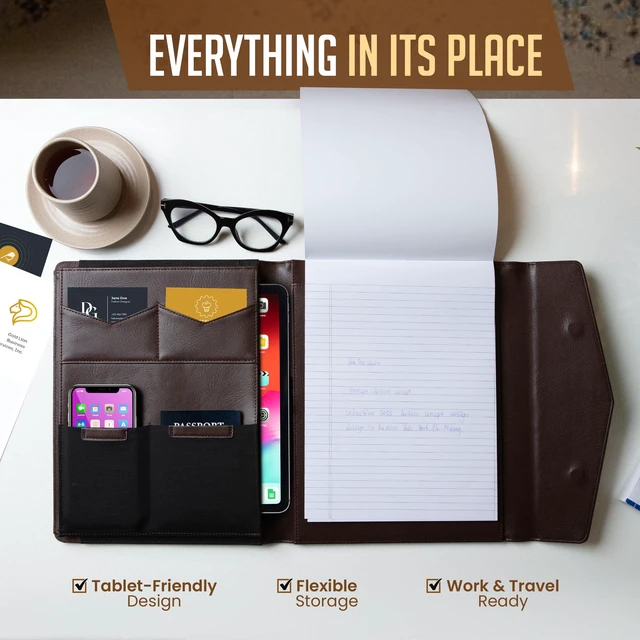 Alt view image 2 of 7 - STLYIO Trifold Padfolio - Magnetic Closure. Stretchable Compartment for Tablet, Documents. Elastic Pockets for Phone, Gadgets, Passport, Travel Documents. Letter-Sized Notepad and Gift Box Included