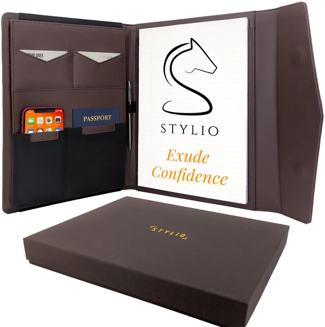 Main image of STLYIO Trifold Padfolio - Magnetic Closure. Stretchable Compartment for Tablet, Documents. Elastic Pockets for Phone, Gadgets, Passport, Travel Documents. Letter-Sized Notepad and Gift Box Included