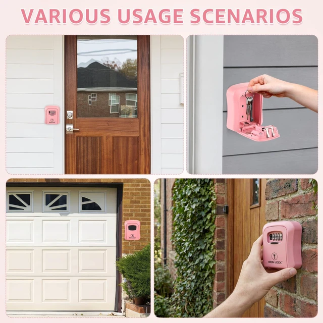 Alt view image 2 of 7 - ® Medium Wall Mount Combination Key Lock Box, Outdoor (Pink) Screw-in wall mount (4 screws + 4 anchors) not magnetic, does not hang; weather-resistant zinc alloy, includes key hanger