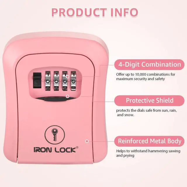 Alt view image 3 of 7 - ® Medium Wall Mount Combination Key Lock Box, Outdoor (Pink) Screw-in wall mount (4 screws + 4 anchors) not magnetic, does not hang; weather-resistant zinc alloy, includes key hanger