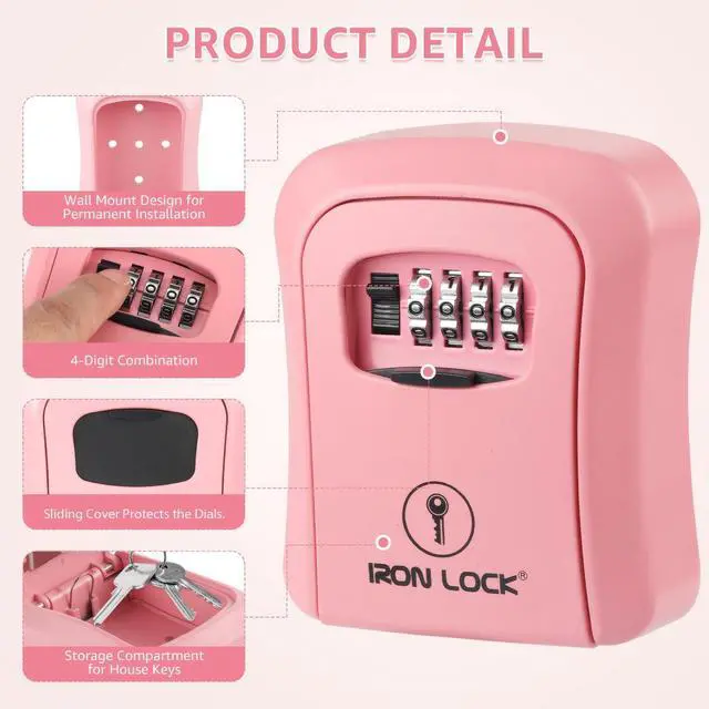 Alt view image 4 of 7 - ® Medium Wall Mount Combination Key Lock Box, Outdoor (Pink) Screw-in wall mount (4 screws + 4 anchors) not magnetic, does not hang; weather-resistant zinc alloy, includes key hanger
