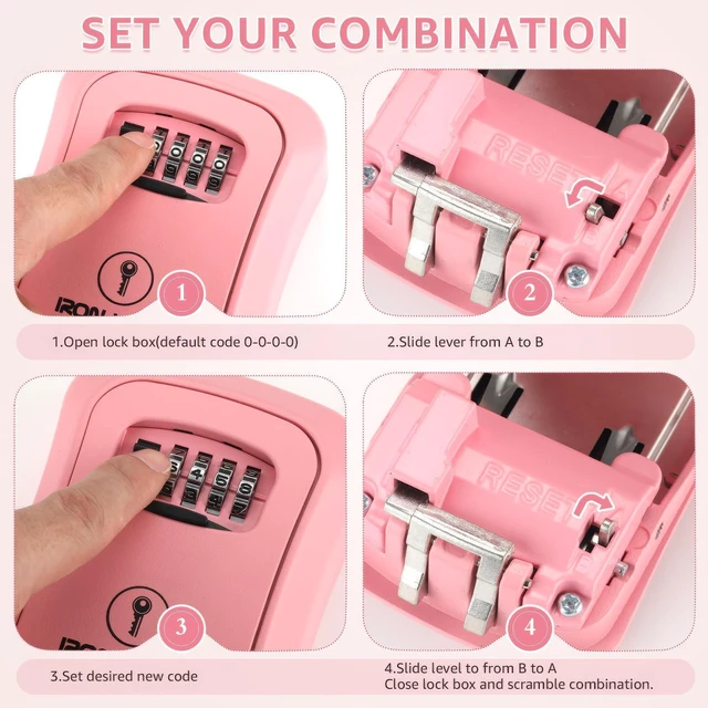 Alt view image 7 of 7 - ® Medium Wall Mount Combination Key Lock Box, Outdoor (Pink) Screw-in wall mount (4 screws + 4 anchors) not magnetic, does not hang; weather-resistant zinc alloy, includes key hanger