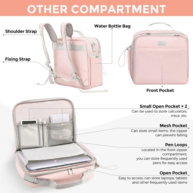 Alt view image 4 of 7 - 3 Inch 3 Ring Zipper Binder with Shoulder Strap & Handle, 650-Sheet Capacity Zip Up Binder for School, Multi Pocket Organizer for Students & Office Workers, Pink