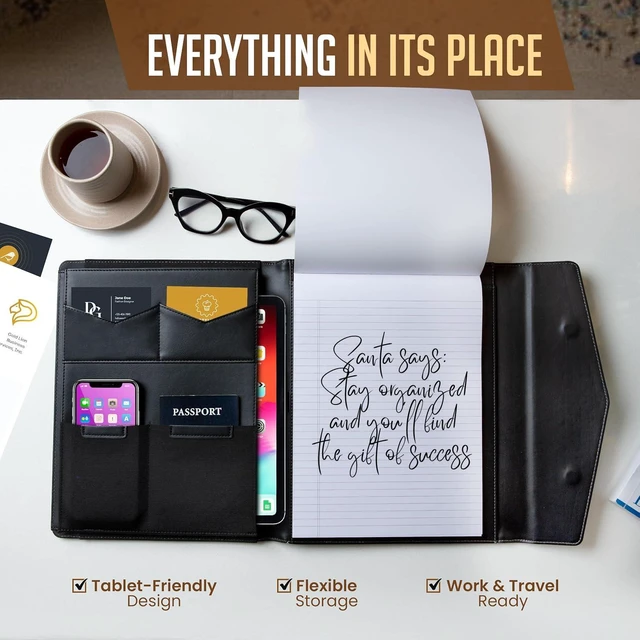 Alt view image 2 of 6 - STLYIO Trifold Padfolio - Magnetic Closure. Stretchable Compartment for Tablet, Documents. Elastic Pockets for Phone, Gadgets, Passport, Travel Documents. Letter-Sized Notepad and Gift Box Included