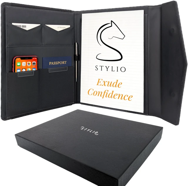 Main image of STLYIO Trifold Padfolio - Magnetic Closure. Stretchable Compartment for Tablet, Documents. Elastic Pockets for Phone, Gadgets, Passport, Travel Documents. Letter-Sized Notepad and Gift Box Included