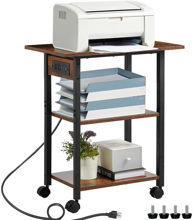 Main image of 3-Tier Printer Stand with Charging Station, Rolling Printer Table Rustic Brown Industrial Mobile Printer Cart Desk Holder for Home Office, Lockable Wheels, Open Storage Shelf, Metal frame