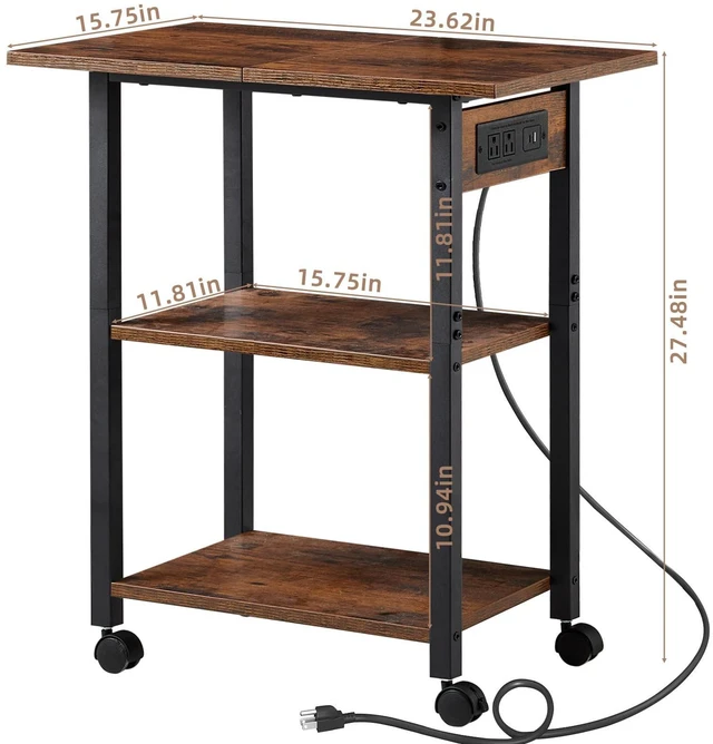 Alt view image 2 of 7 - 3-Tier Printer Stand with Charging Station, Rolling Printer Table Rustic Brown Industrial Mobile Printer Cart Desk Holder for Home Office, Lockable Wheels, Open Storage Shelf, Metal frame