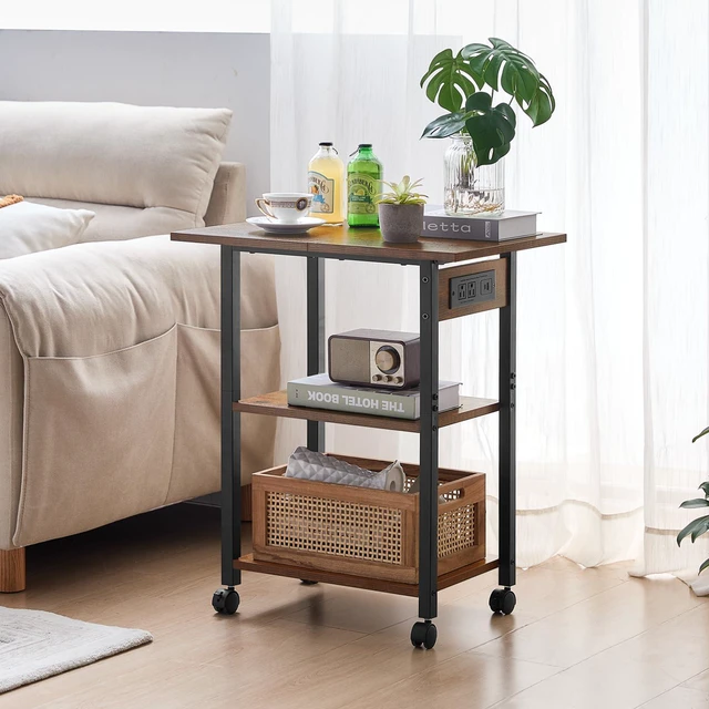 Alt view image 4 of 7 - 3-Tier Printer Stand with Charging Station, Rolling Printer Table Rustic Brown Industrial Mobile Printer Cart Desk Holder for Home Office, Lockable Wheels, Open Storage Shelf, Metal frame