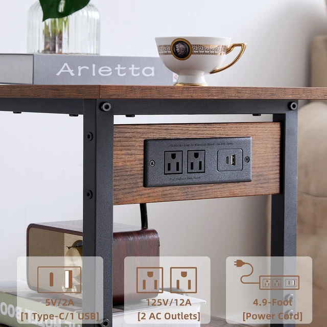 Alt view image 5 of 7 - 3-Tier Printer Stand with Charging Station, Rolling Printer Table Rustic Brown Industrial Mobile Printer Cart Desk Holder for Home Office, Lockable Wheels, Open Storage Shelf, Metal frame