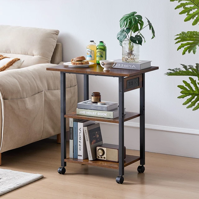 Alt view image 6 of 7 - 3-Tier Printer Stand with Charging Station, Rolling Printer Table Rustic Brown Industrial Mobile Printer Cart Desk Holder for Home Office, Lockable Wheels, Open Storage Shelf, Metal frame