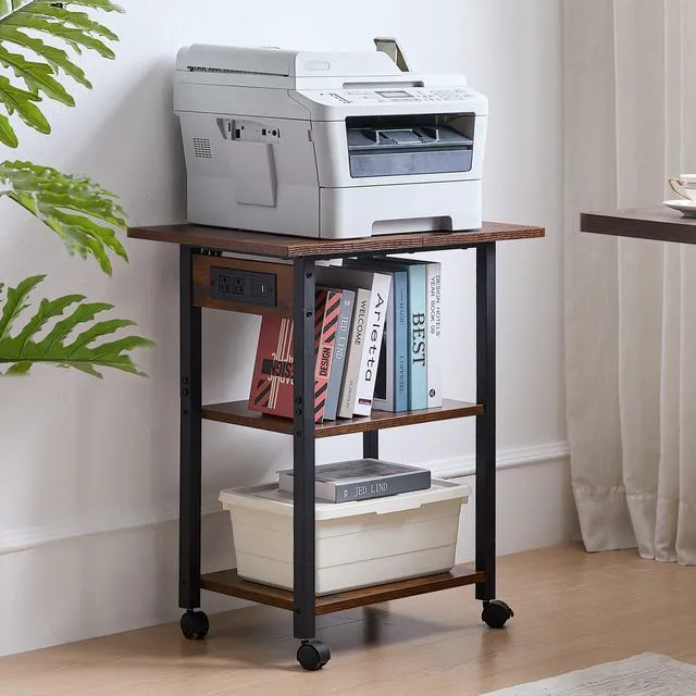 Alt view image 3 of 7 - 3-Tier Printer Stand with Charging Station, Rolling Printer Table Rustic Brown Industrial Mobile Printer Cart Desk Holder for Home Office, Lockable Wheels, Open Storage Shelf, Metal frame