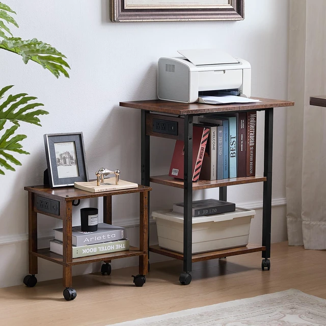 Alt view image 7 of 7 - 3-Tier Printer Stand with Charging Station, Rolling Printer Table Rustic Brown Industrial Mobile Printer Cart Desk Holder for Home Office, Lockable Wheels, Open Storage Shelf, Metal frame
