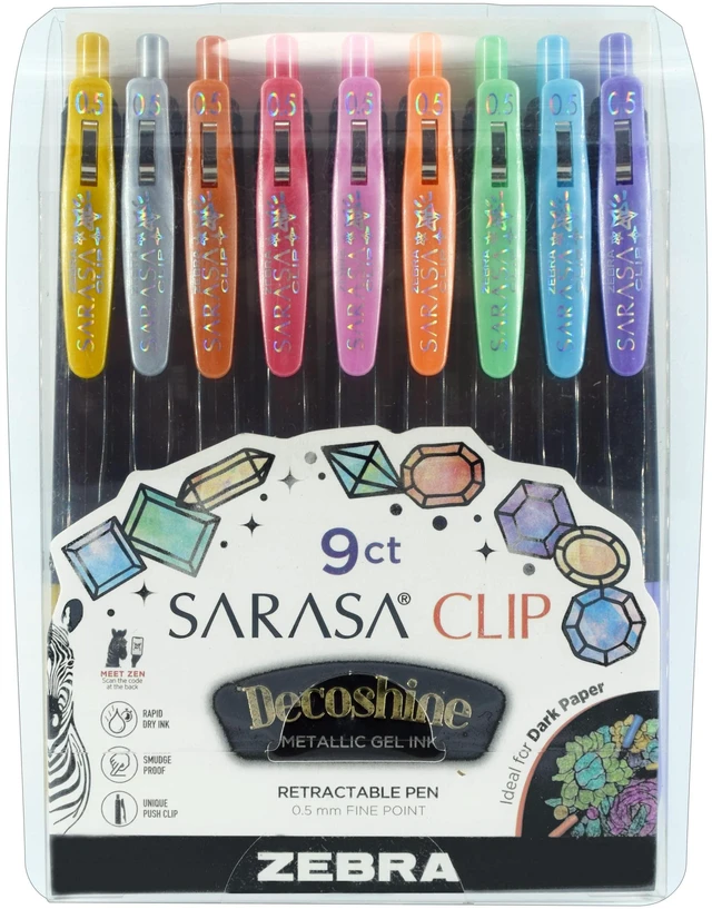 Main image of SARASA Clip Retractable Gel Pen, Assorted Metallic Ink, 9-Pack Fine 0.5mm Point Tip, Works Well on Dark Paper, Decoshine, Ideal for Planners and School and Office Supplies (49009)