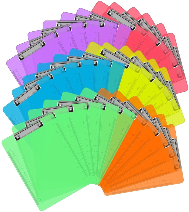 Main image of 36 Pack Plastic Clipboards, Low Profile Clip, Letter Size, 6 Colors Clear Colored Clipboards, 12.5 x 9 Inch, Fit 8.5x11 Letter Size Paper, Office, Classroom, Assorted 6 Colors, ECO Friendly