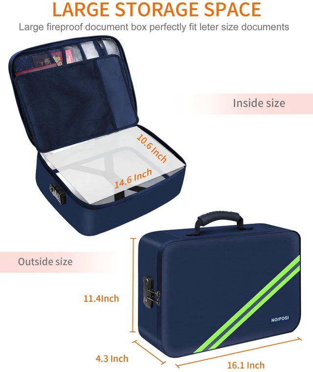 Alt view image 6 of 7 - 5200 Fireproof Document Box with Lock 16.1"x11.4"x4.3" Portable,Home,Travel Water Resistant Document Storage Organizer with for Important Documents and File,Blue