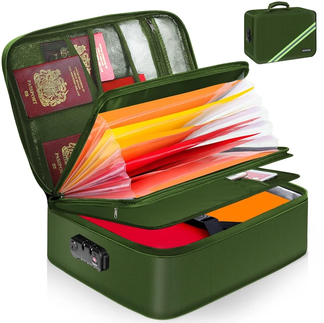 Main image of Fireproof Document Box with Lock 5200 Water Resistant Portable,Home,Travel Strong Document Storage Organizer with 7 pockets for Important Documents and File,Green