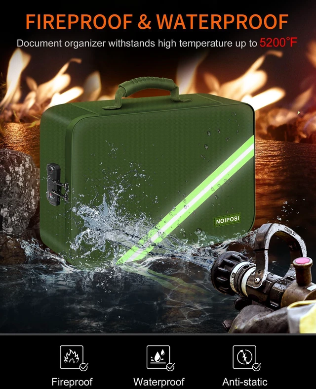 Alt view image 2 of 7 - Fireproof Document Box with Lock 5200 Water Resistant Portable,Home,Travel Strong Document Storage Organizer with 7 pockets for Important Documents and File,Green