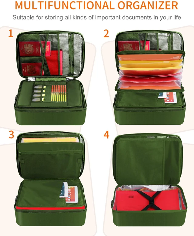 Alt view image 3 of 7 - Fireproof Document Box with Lock 5200 Water Resistant Portable,Home,Travel Strong Document Storage Organizer with 7 pockets for Important Documents and File,Green