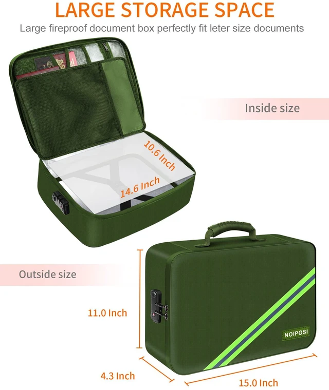 Alt view image 6 of 7 - Fireproof Document Box with Lock 5200 Water Resistant Portable,Home,Travel Strong Document Storage Organizer with 7 pockets for Important Documents and File,Green