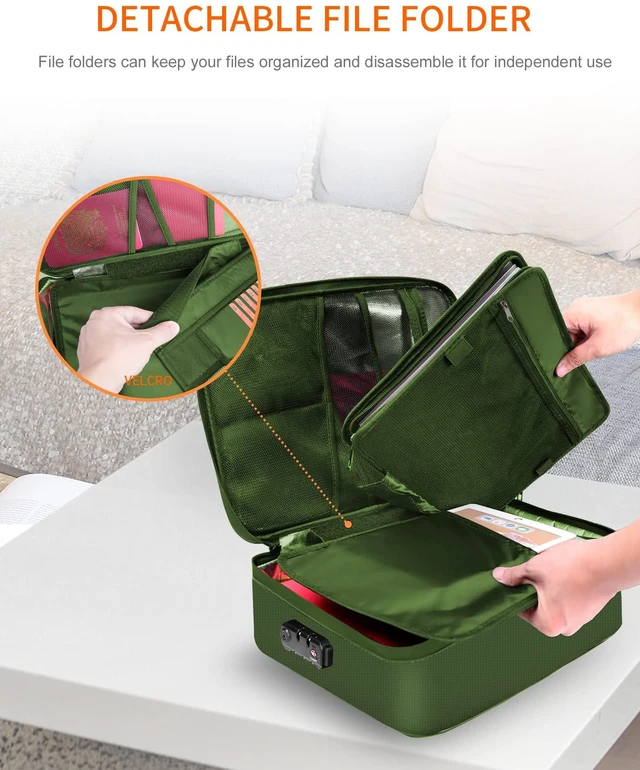 Alt view image 7 of 7 - Fireproof Document Box with Lock 5200 Water Resistant Portable,Home,Travel Strong Document Storage Organizer with 7 pockets for Important Documents and File,Green