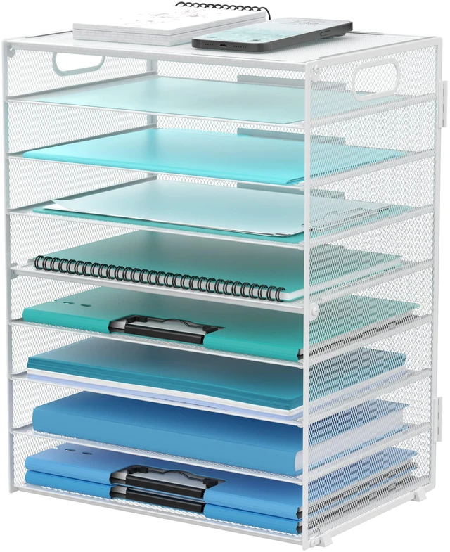 Main image of 9-Tier Paper Organizer for Desk, Metal Mesh Letter Tray with Handles, White Desk File Organizer with Removable Trays for Sorting Files, Folders, Mail and Printer Paper at Home, School or Office