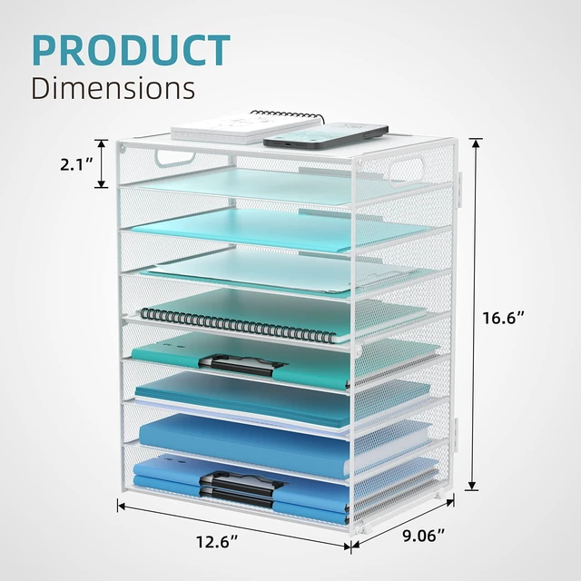 Alt view image 3 of 6 - 9-Tier Paper Organizer for Desk, Metal Mesh Letter Tray with Handles, White Desk File Organizer with Removable Trays for Sorting Files, Folders, Mail and Printer Paper at Home, School or Office