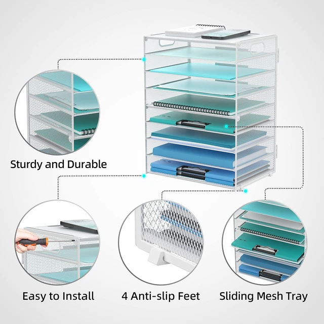 Alt view image 4 of 6 - 9-Tier Paper Organizer for Desk, Metal Mesh Letter Tray with Handles, White Desk File Organizer with Removable Trays for Sorting Files, Folders, Mail and Printer Paper at Home, School or Office