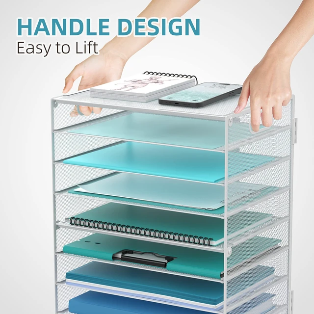 Alt view image 5 of 6 - 9-Tier Paper Organizer for Desk, Metal Mesh Letter Tray with Handles, White Desk File Organizer with Removable Trays for Sorting Files, Folders, Mail and Printer Paper at Home, School or Office
