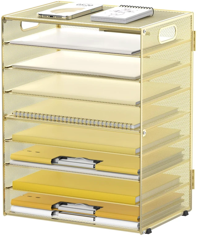 Main image of 9-Tier Paper Organizer for Desk, Metal Mesh Letter Tray with Handles, Gold Desk File Organizer with Removable Trays for Sorting Files, Folders, Mail and Printer Paper at Home, School or Office